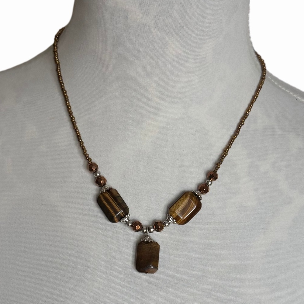Tiger’s Eye Pendant w/ Gold Tone Beaded Necklace | Classic Neutral Jewelry